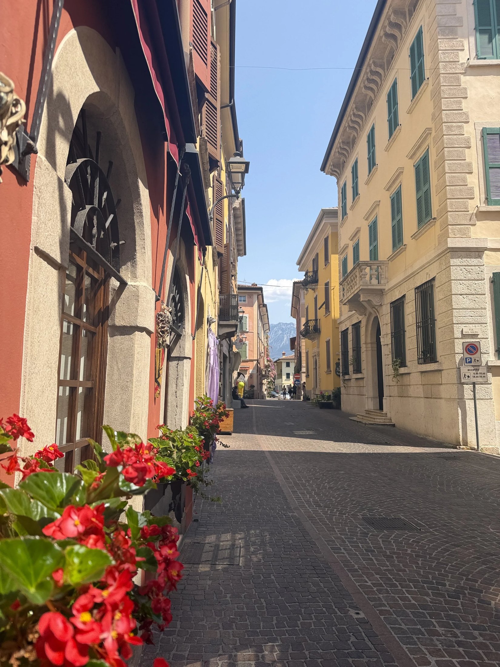 A cobbled lane lined with red geraniums