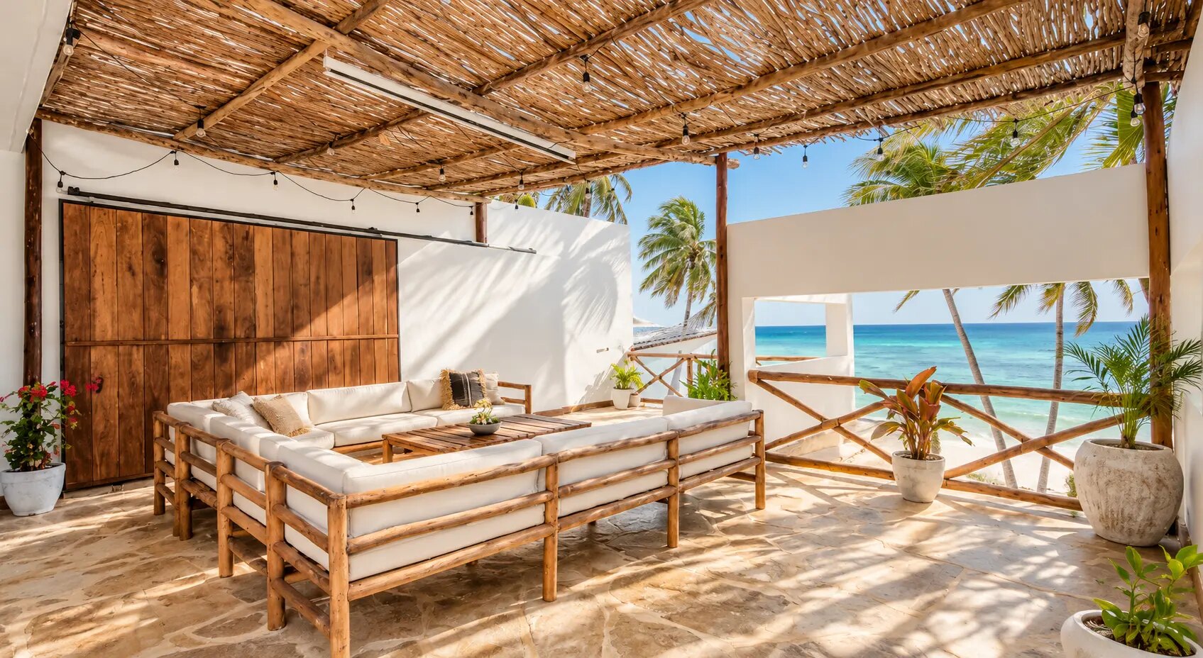 The covered terrace lounge, opening from the sand to the ocean