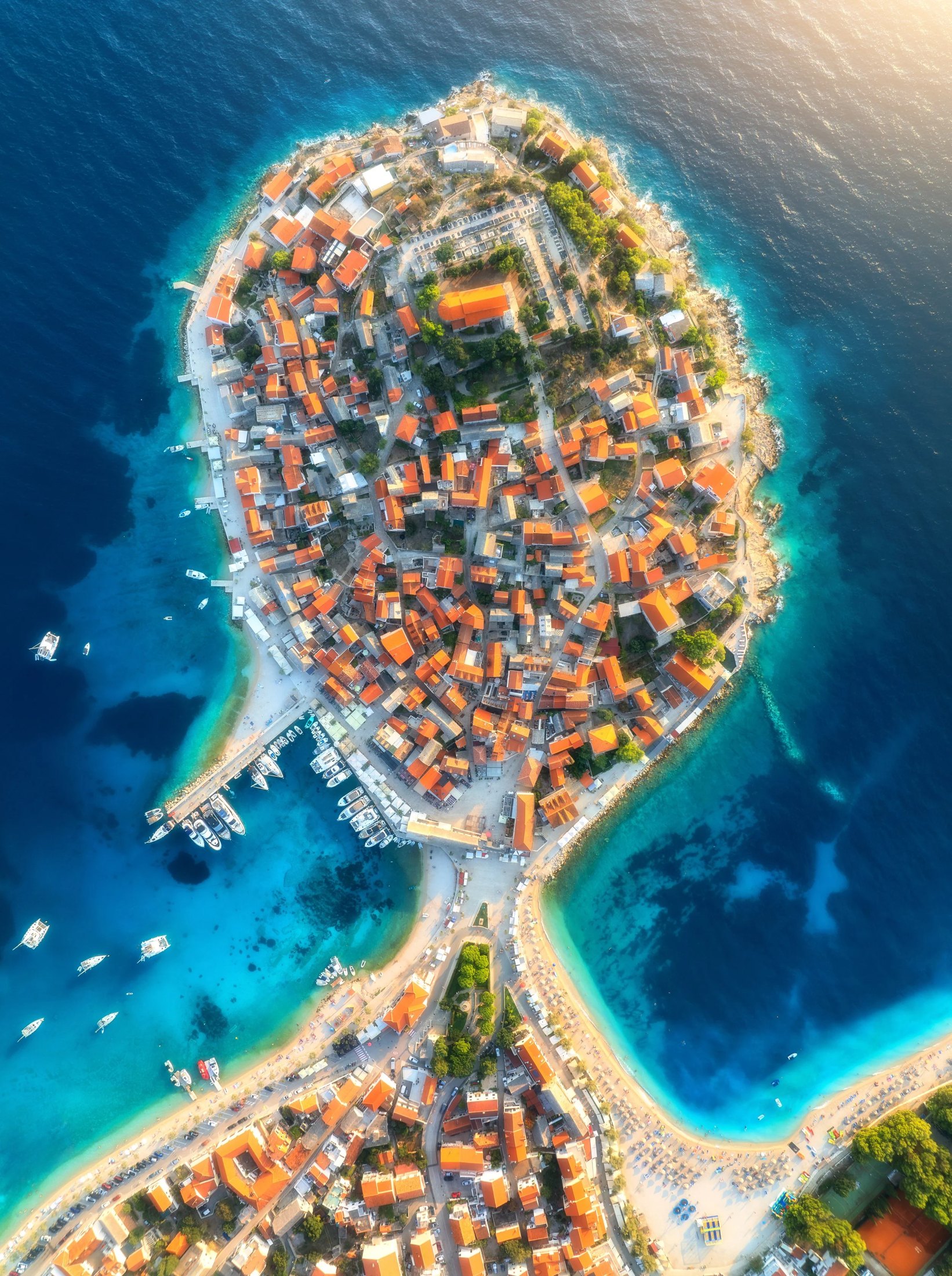 Aerial view of a walled island town
