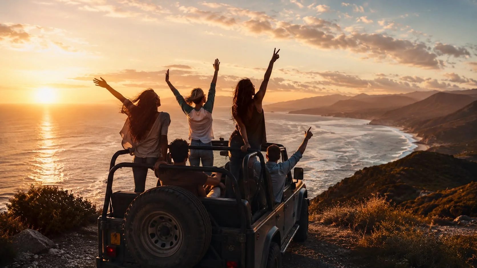 Friends watching the sunset from a jeep on a coastal cliff
