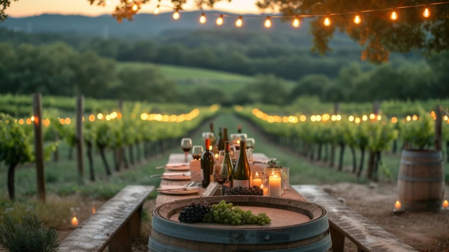 A candlelit table set between the vines at dusk