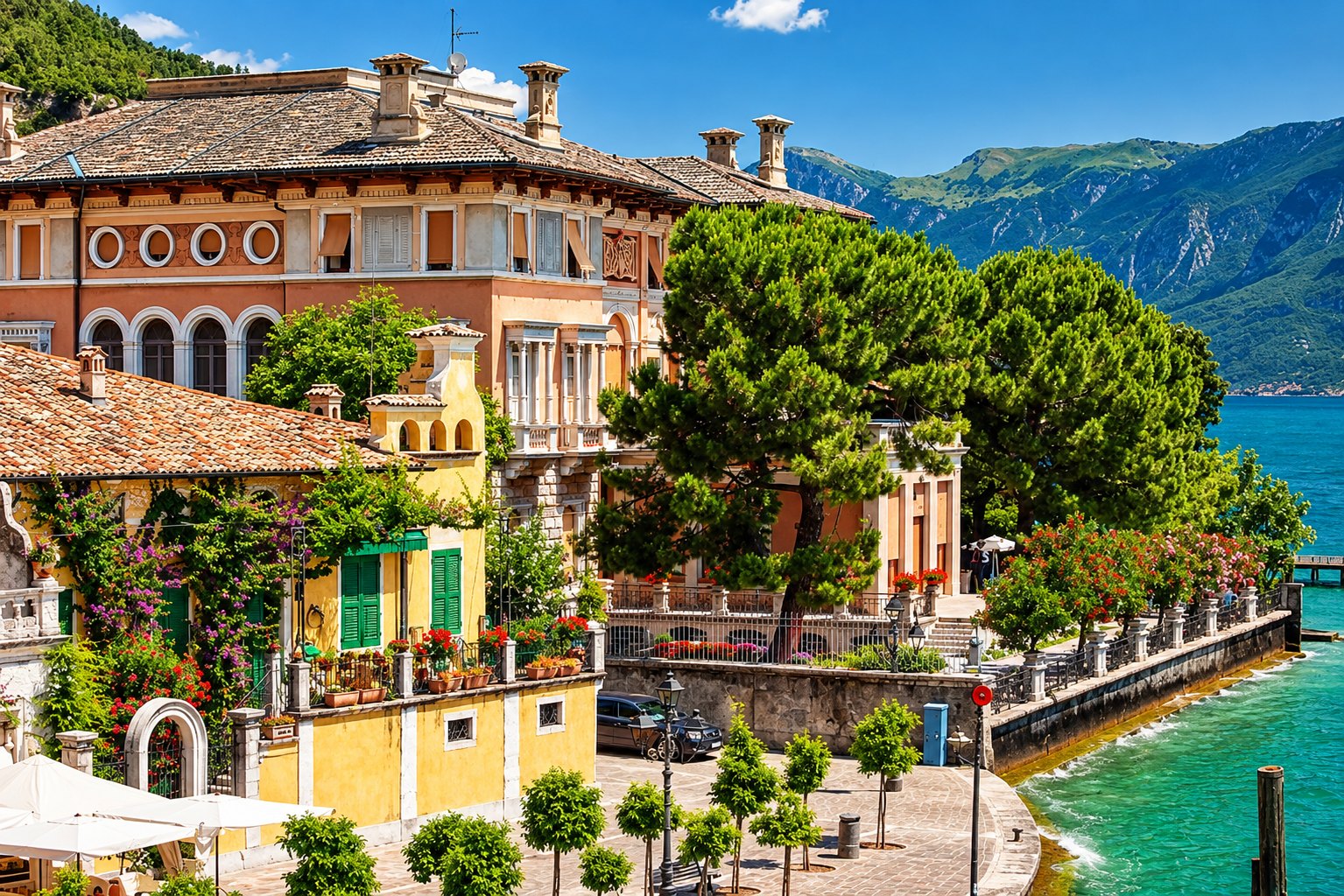 A lakeside village with a grand Italian villa