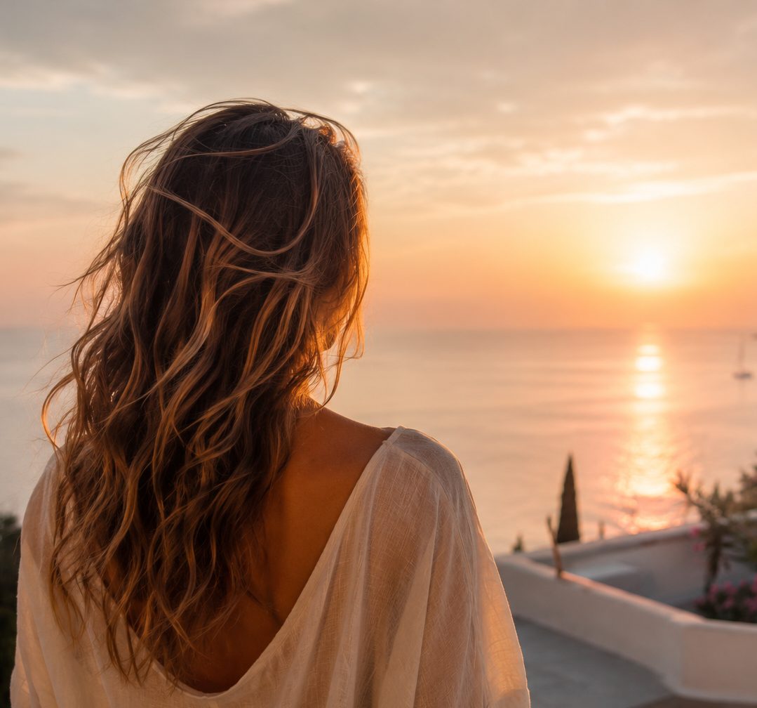 Carmen, founder of Solara, looking out at a sunset over the sea