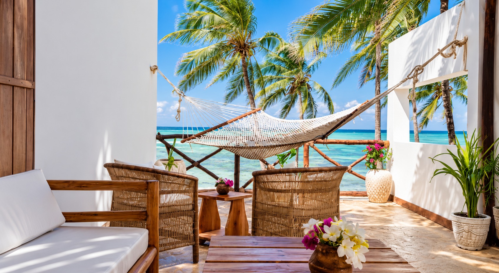 A hammock on the villa terrace above the turquoise ocean