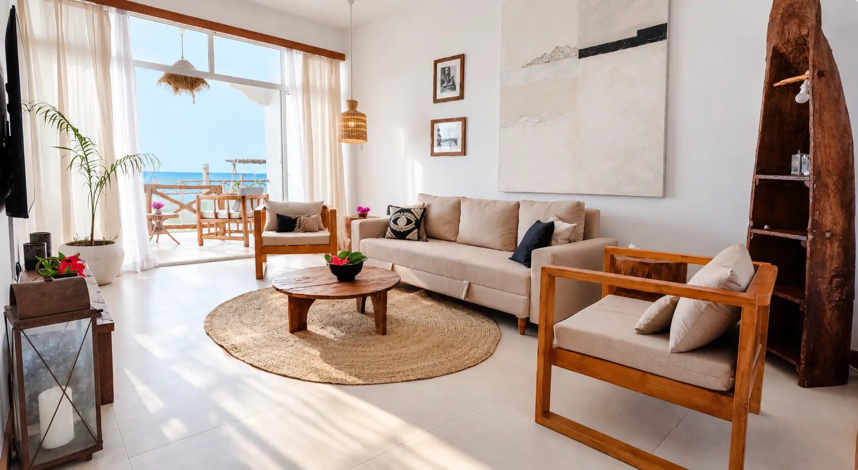 The living room opening onto the sea-view terrace