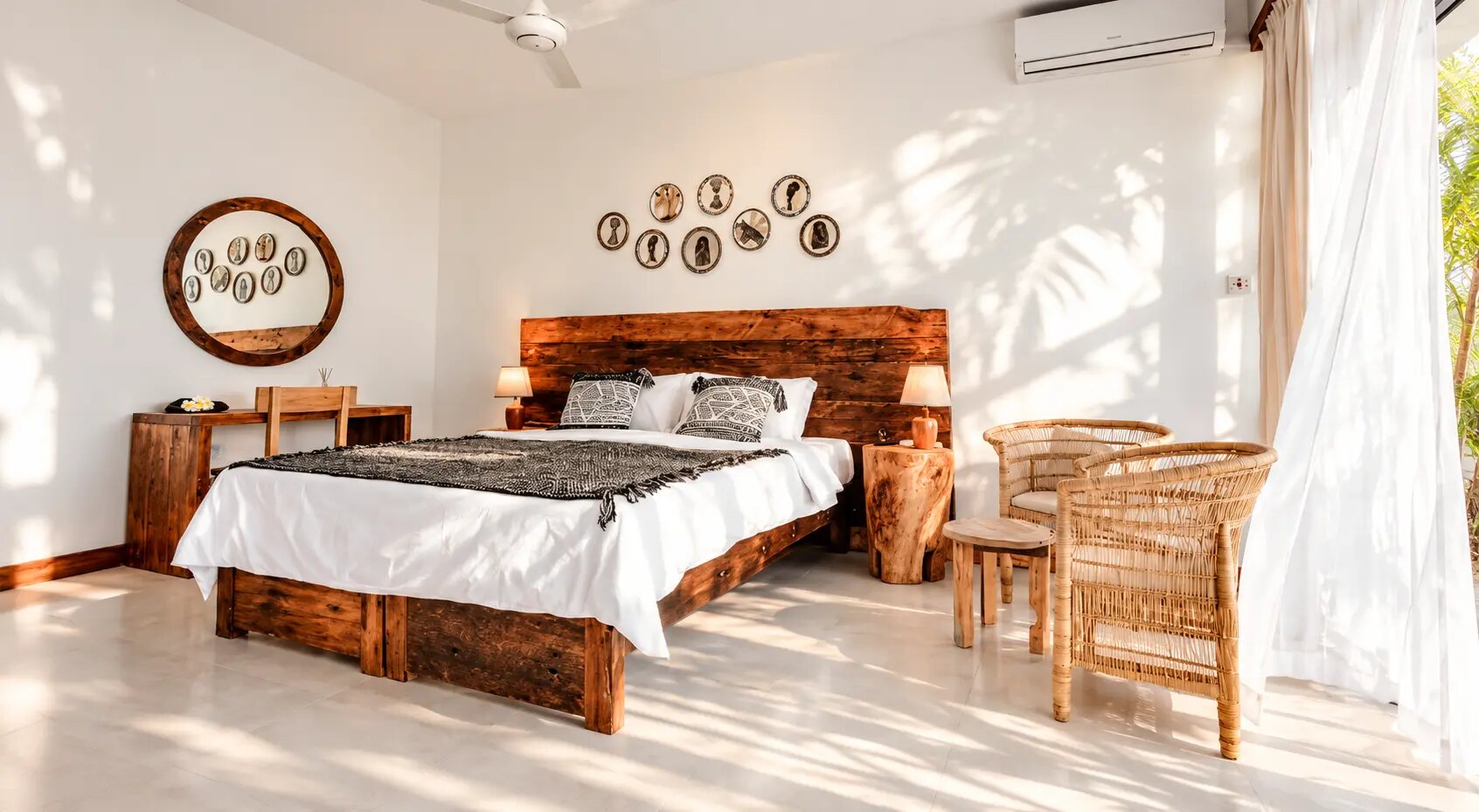 A bedroom with a wooden bed and two wicker chairs