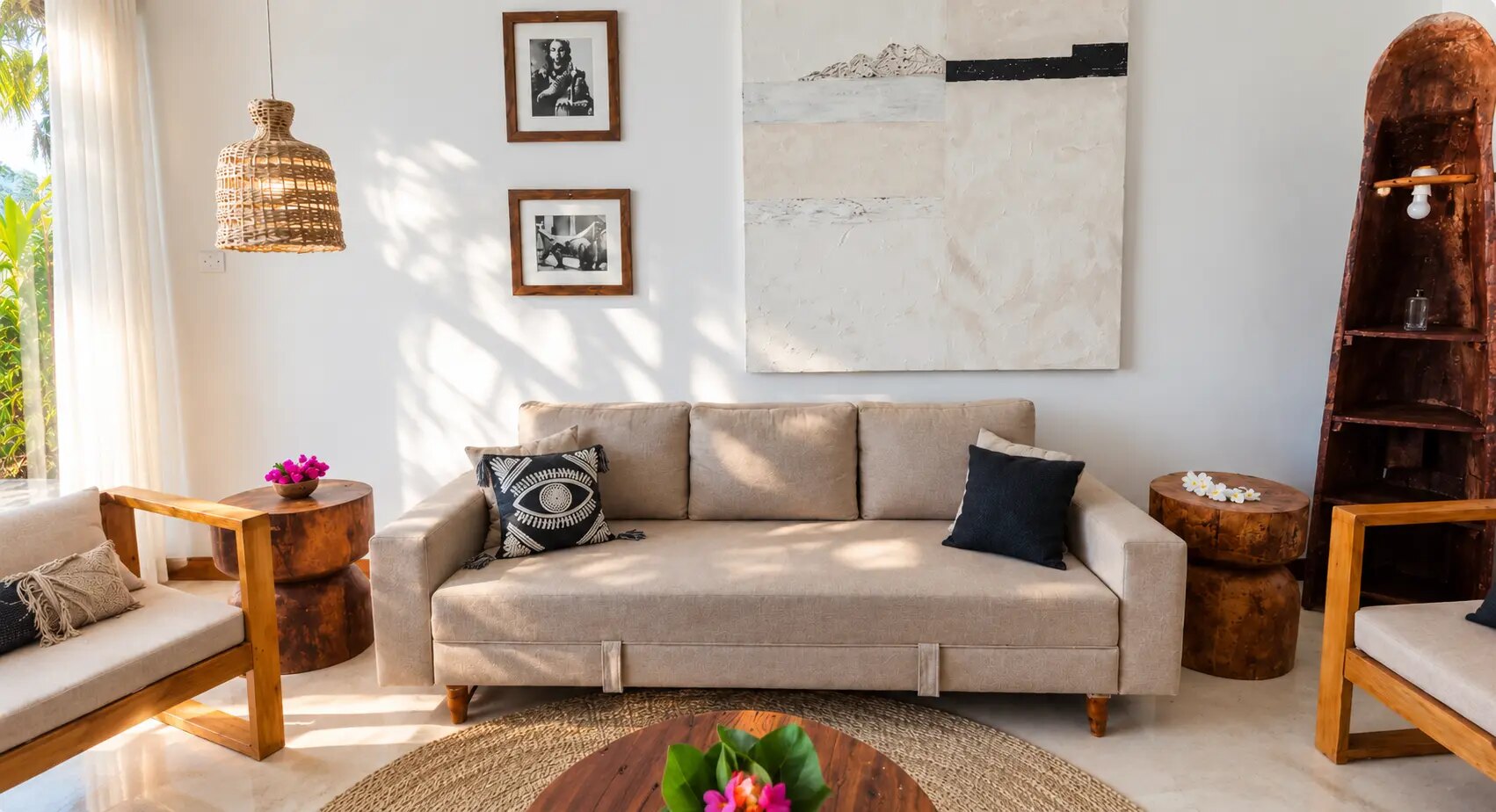 The living room, arranged around a round jute rug
