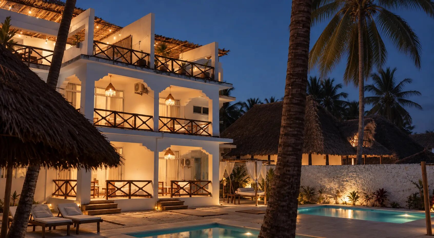 The villa glowing at dusk, its pools lit for the evening